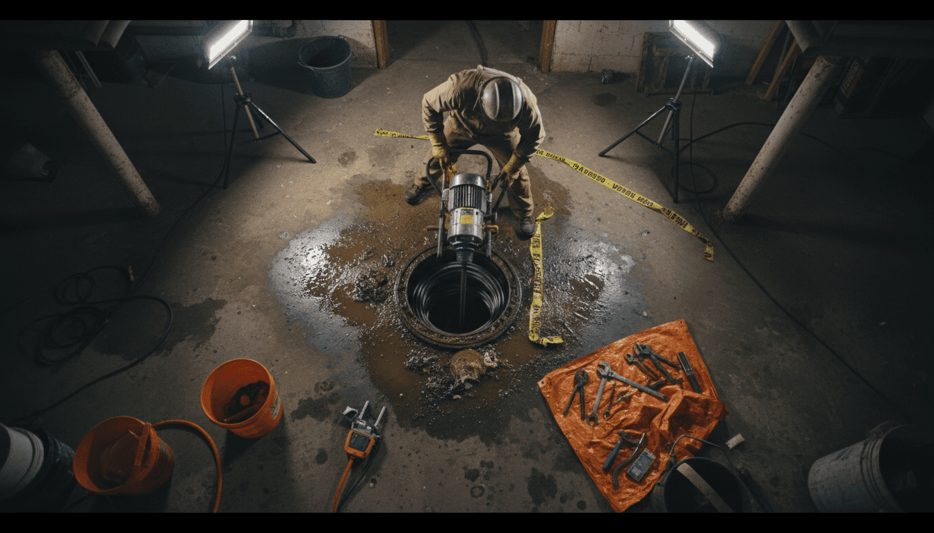 Plumber using motorized drain snake to clear severely clogged basement drain line