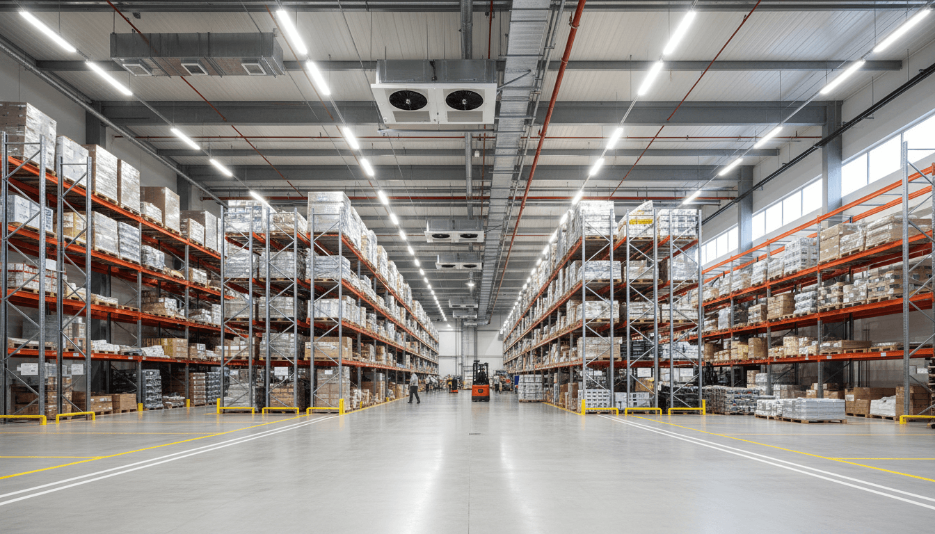 Large warehouse interior showing organized storage racks, climate control systems, and clean operational facility