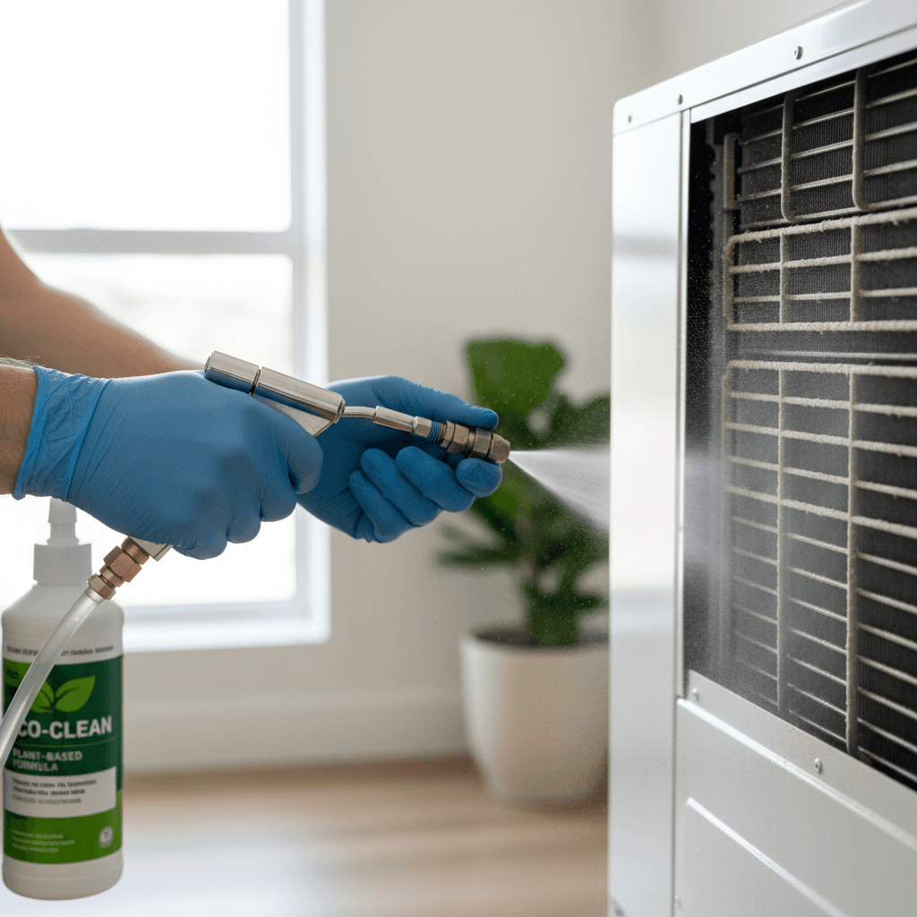 Technician's gloved hands spraying eco-friendly cleaning solution onto heat pump unit components with precision