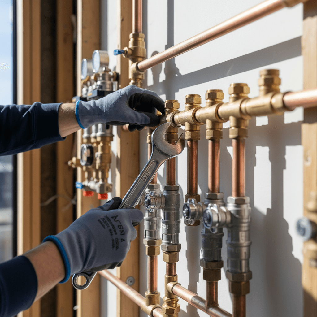 Plumber's hands installing copper pipe fittings on residential manifold system with wrench and precision tools